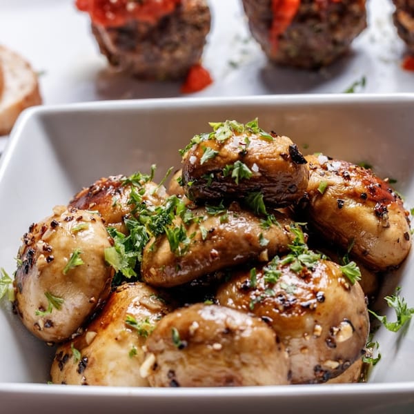 Close-up of glazed mushrooms topped with fresh parsley in a white bowl at Nokturne World Kitchen.