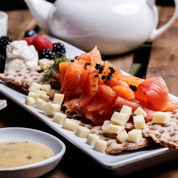 Nokturne World Kitchen & Juice's healthy salmon appetizer with cheese cubes, berries, and a white teapot.